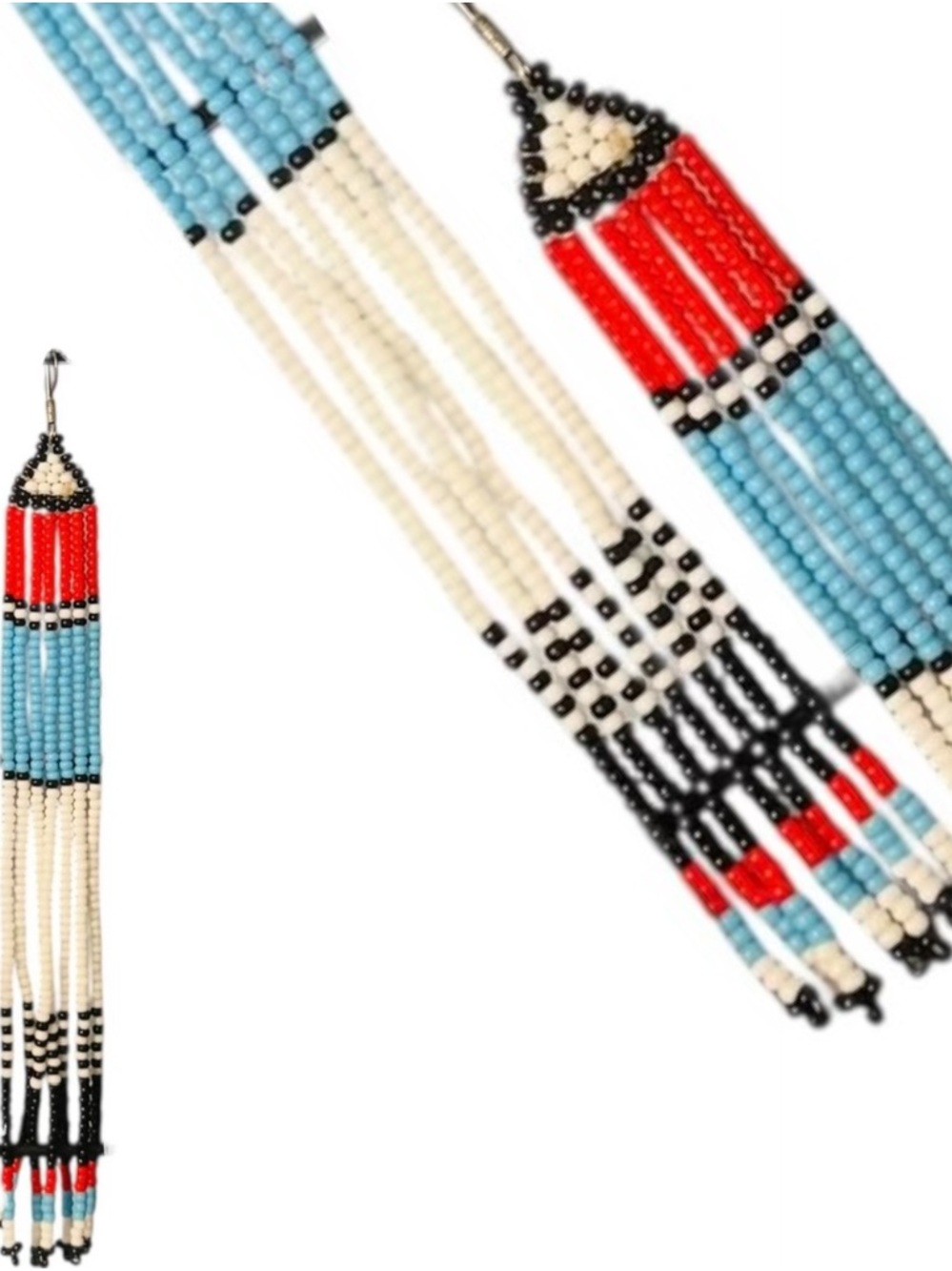 Vintage Hand-Crafted Native Beaded Fringe Earrings Red Light Blue & White